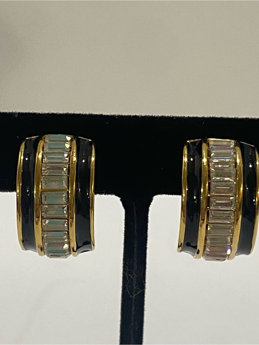 St. John Gold Tone Clip On Earrings Black Enamel Swarovski Baguette Crystals VTG